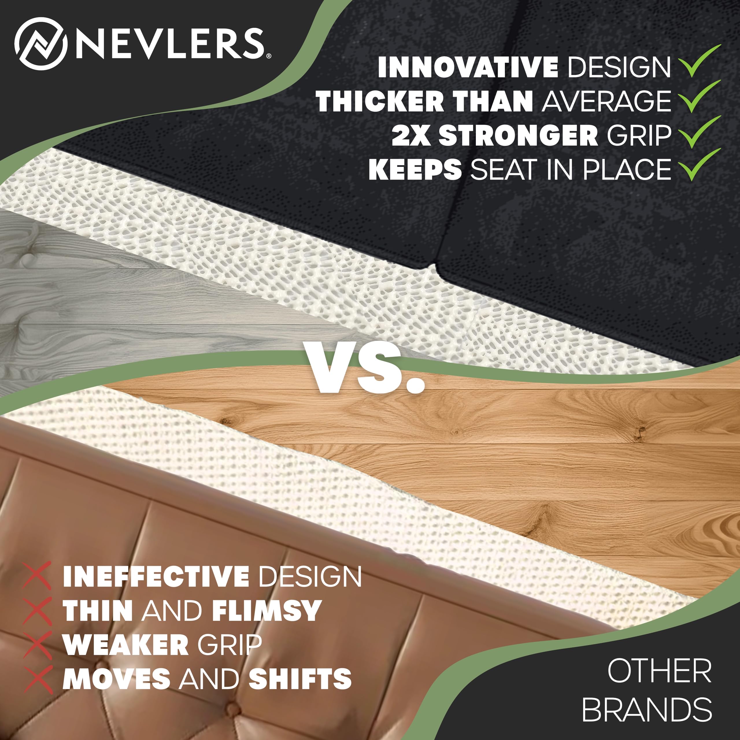Custom-fit Nevlers couch grips trimmed to fit modular sofas and futons