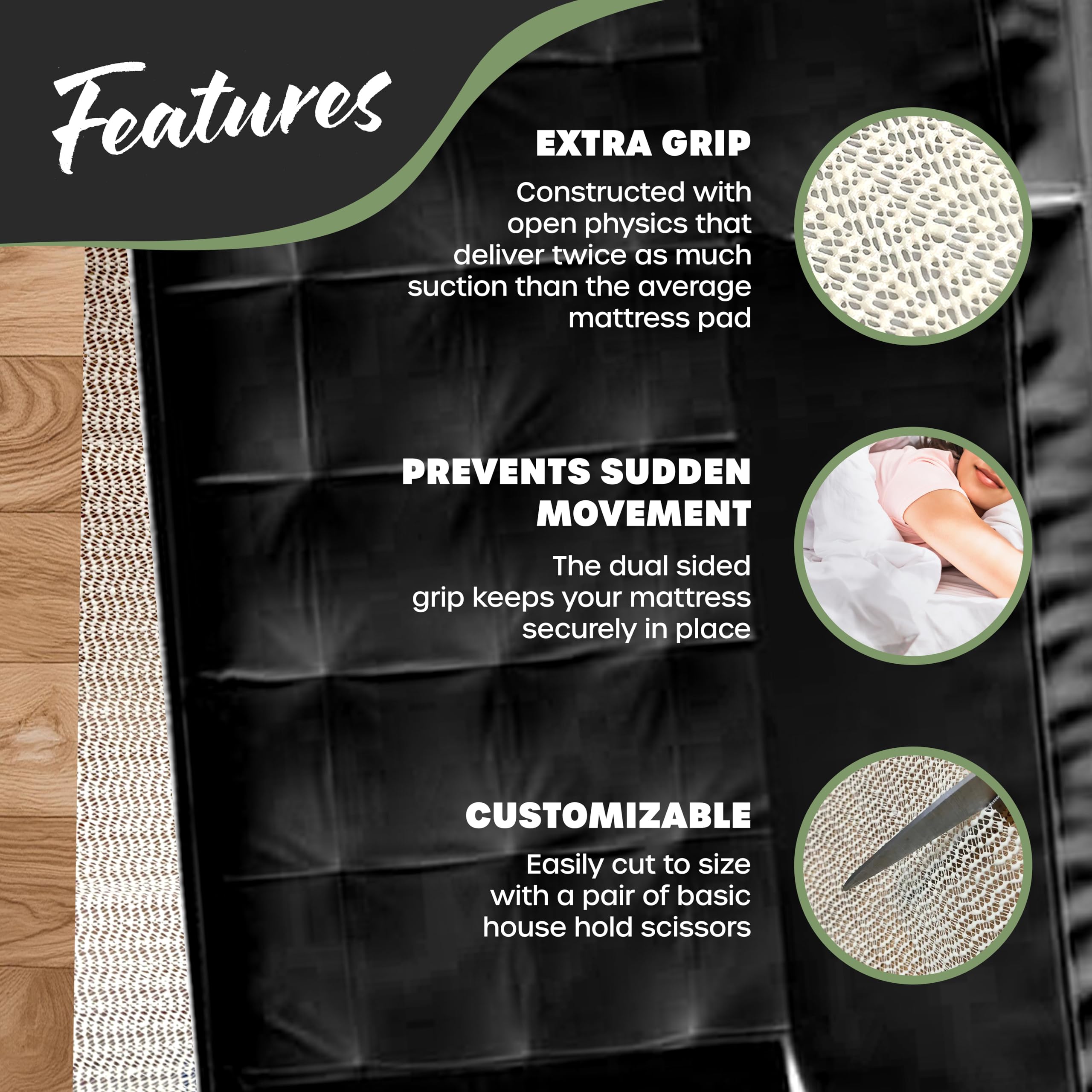 Open-weave PVC foam grip supports airflow while preventing cushion sliding