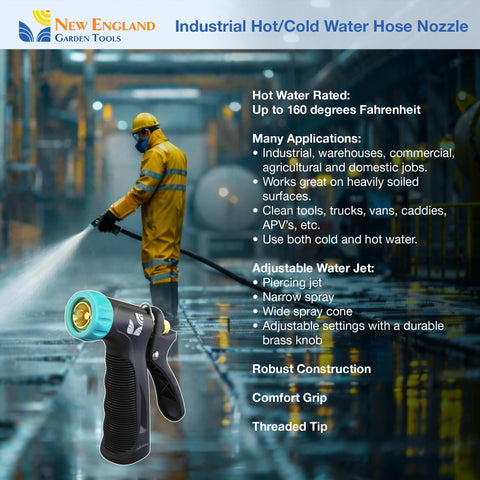 New England Garden Tools hot water capable nozzle with insulated grip for warm cleaning tasks.