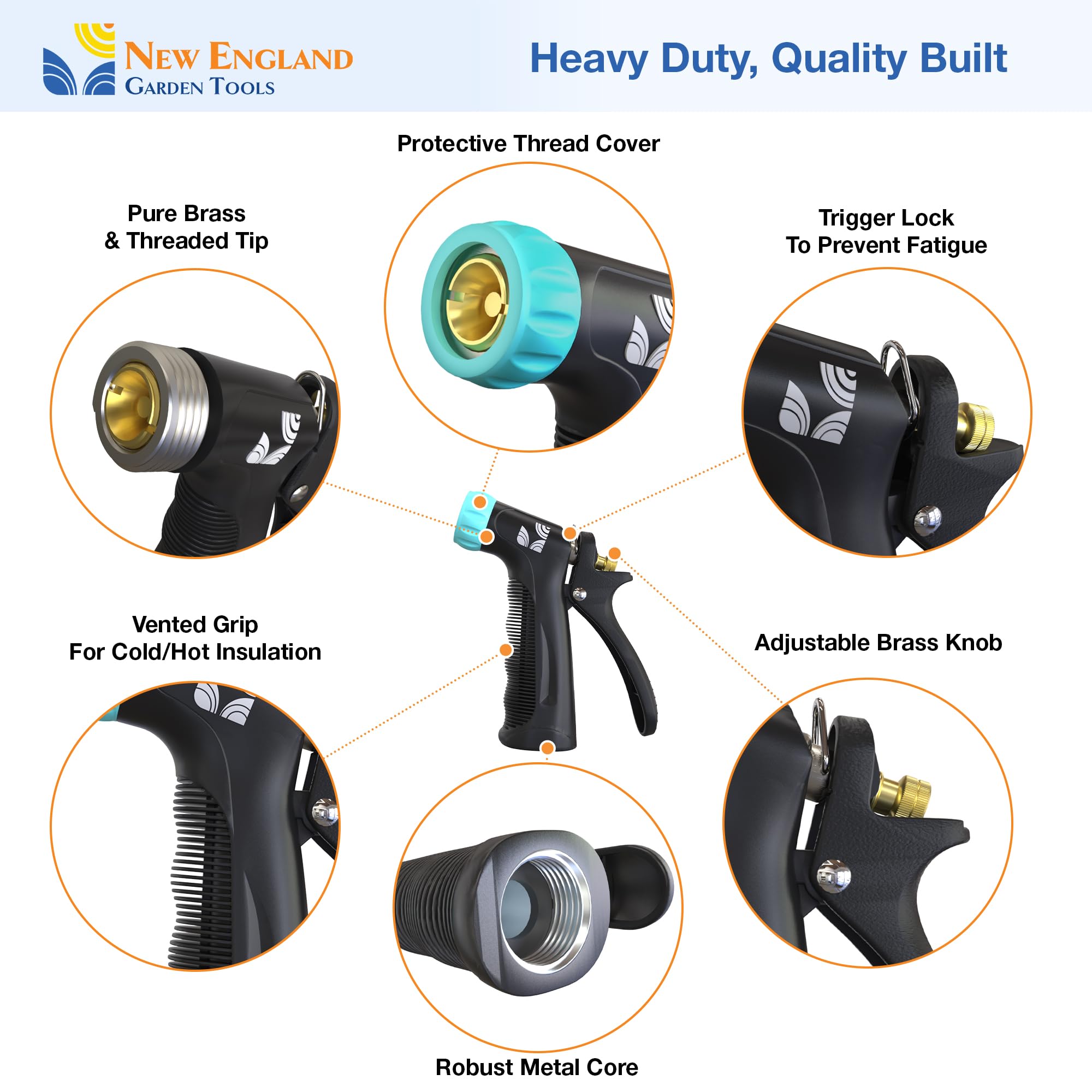 New England Garden Tools jet nozzle with rear trigger for comfortable, continuous operation.
