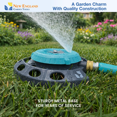 New England Garden Tools sprinkler's bright color adds charm to gardens and kids' play areas