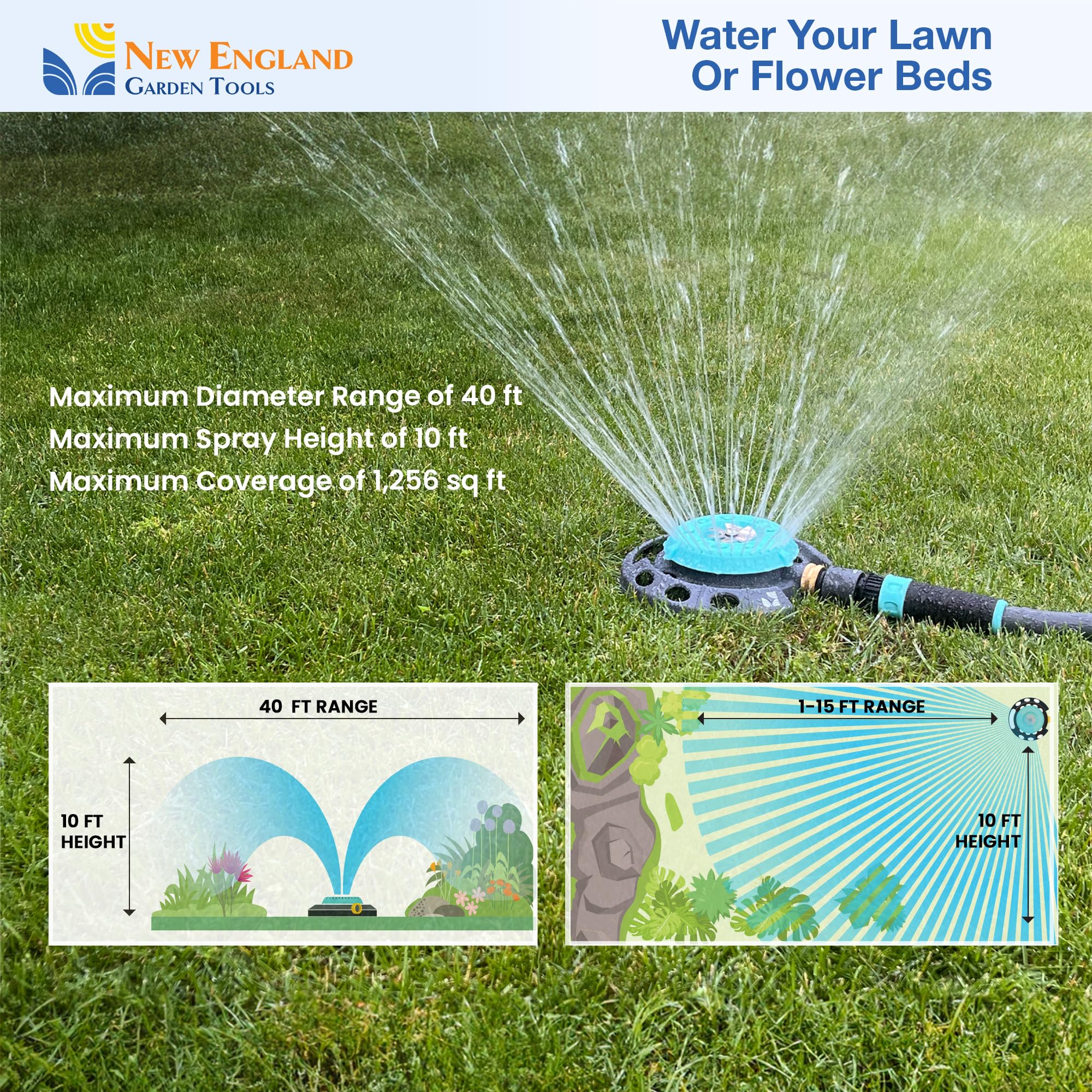 New England Garden Tools Spot Watering Sprinkler metal base ensures sturdy setup for steady watering