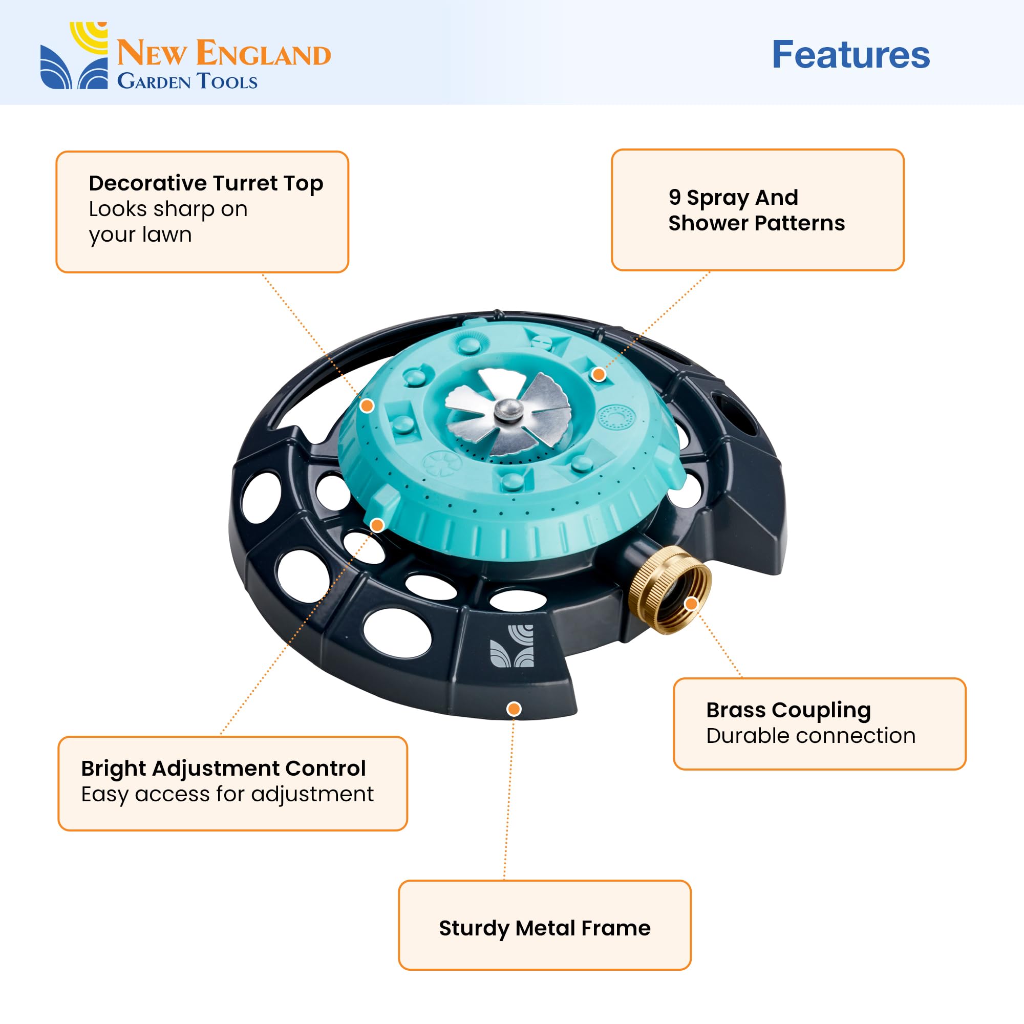New England Garden Tools Spot Watering Sprinkler nine-pattern dial demonstrates versatile settings for precise watering