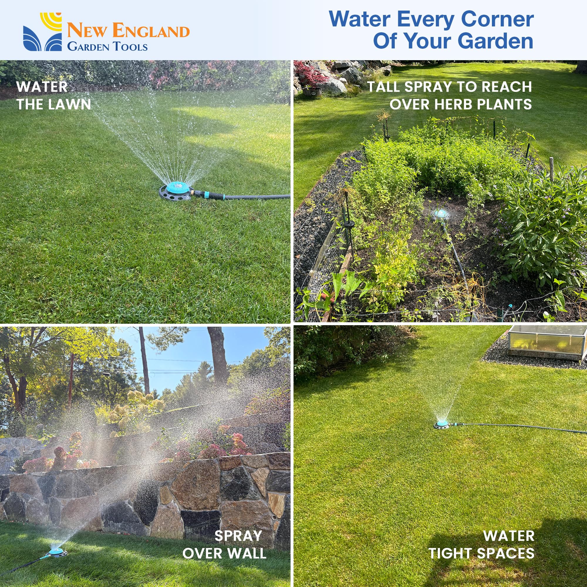 New England Garden Tools Spot Watering Sprinkler turret design adds decorative appeal to a backyard watering feature