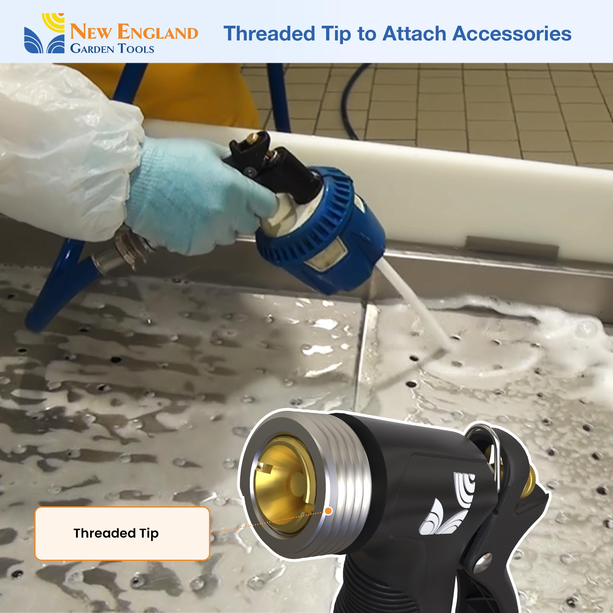 New England Garden Tools versatile cleaning nozzle shown in kitchen, garden, and workshop use.