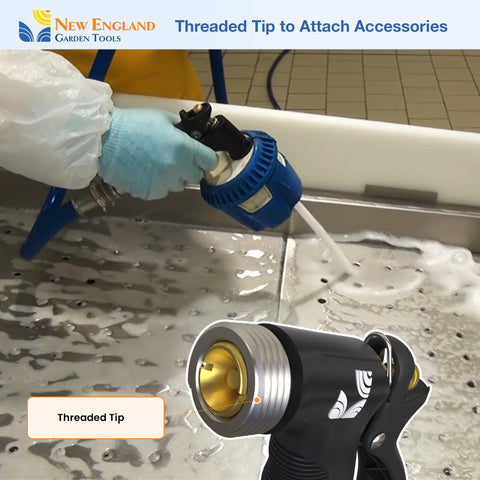 New England Garden Tools versatile cleaning nozzle shown in kitchen, garden, and workshop use.