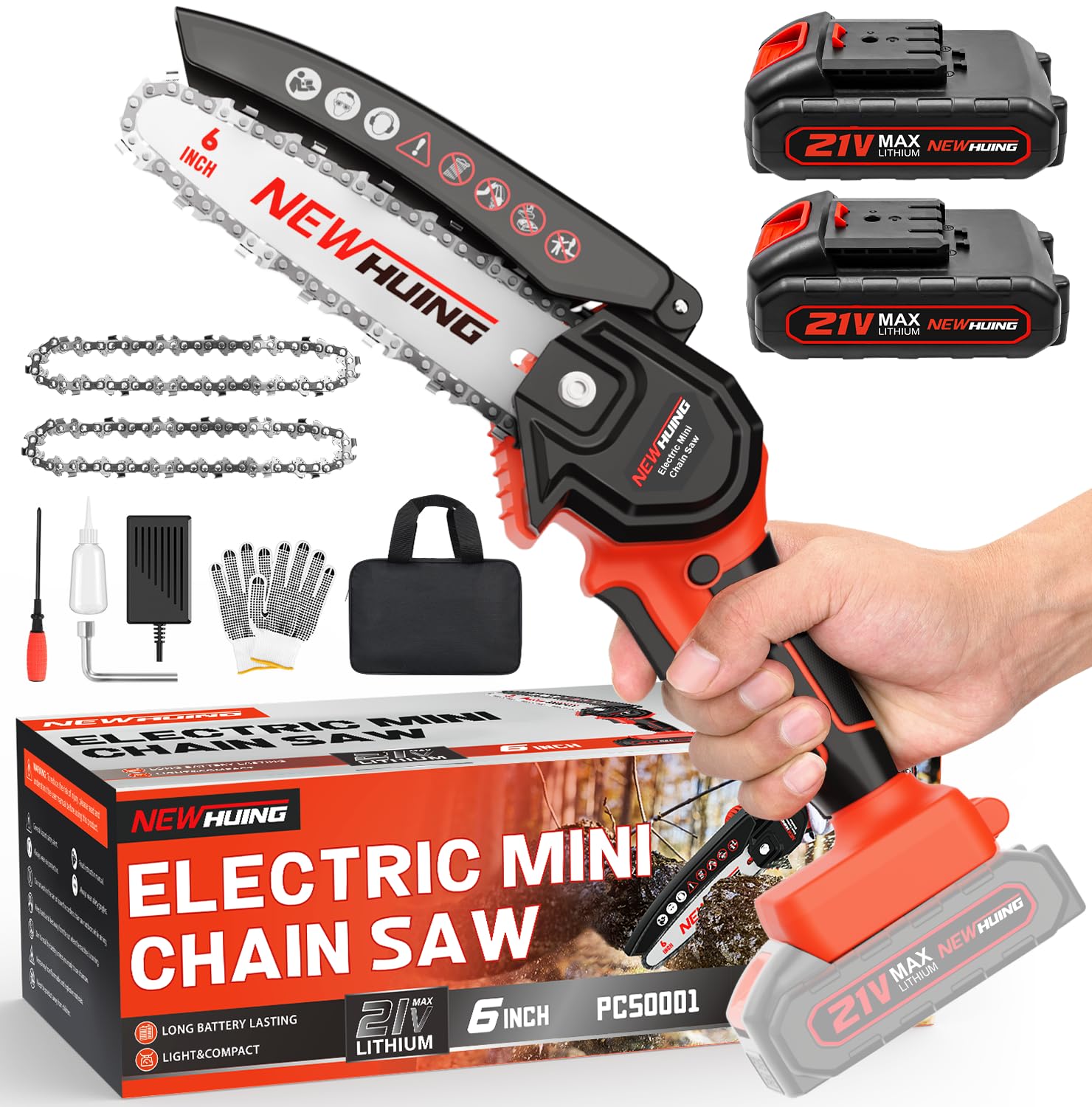 New Huing mini cordless chainsaw cutting action on a log for quick pruning