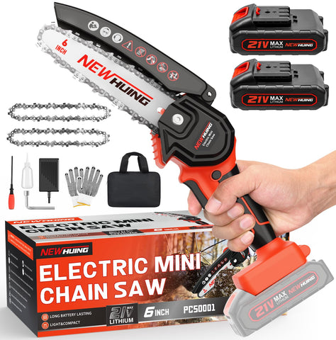 New Huing mini cordless chainsaw cutting action on a log for quick pruning