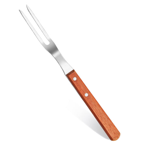 New Star Foodservice BBQ fork close-up shows stainless blade and wooden grip for confident use.