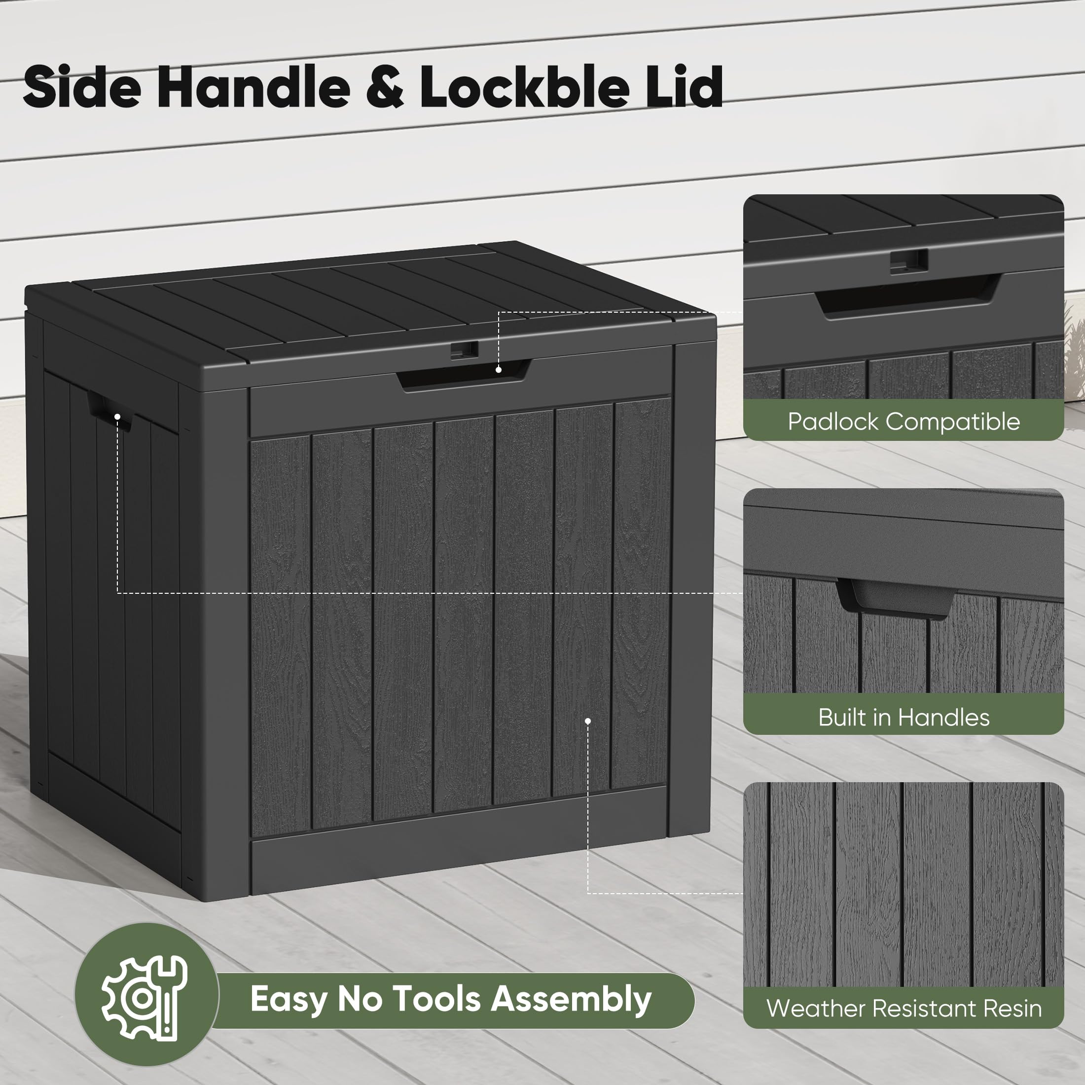NEWBULIG 31gal deck box seating with 170 lb capacity.