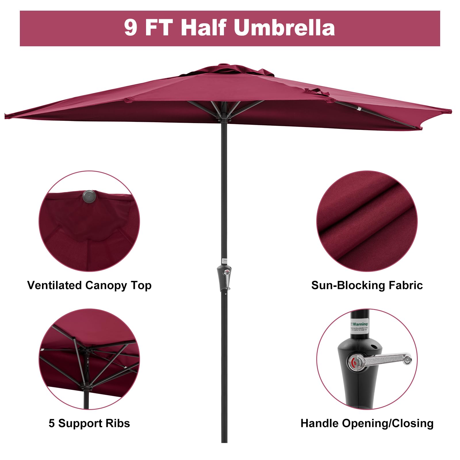 NEWBULIG red half umbrella against a wall, ideal for small patios and corners