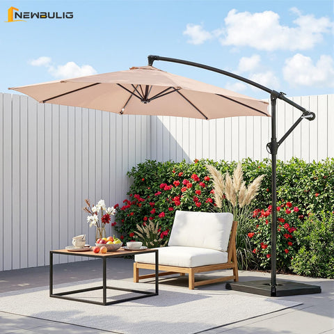 NEWBULIG offset cantilever design creates extra under-umbrella space for seating.