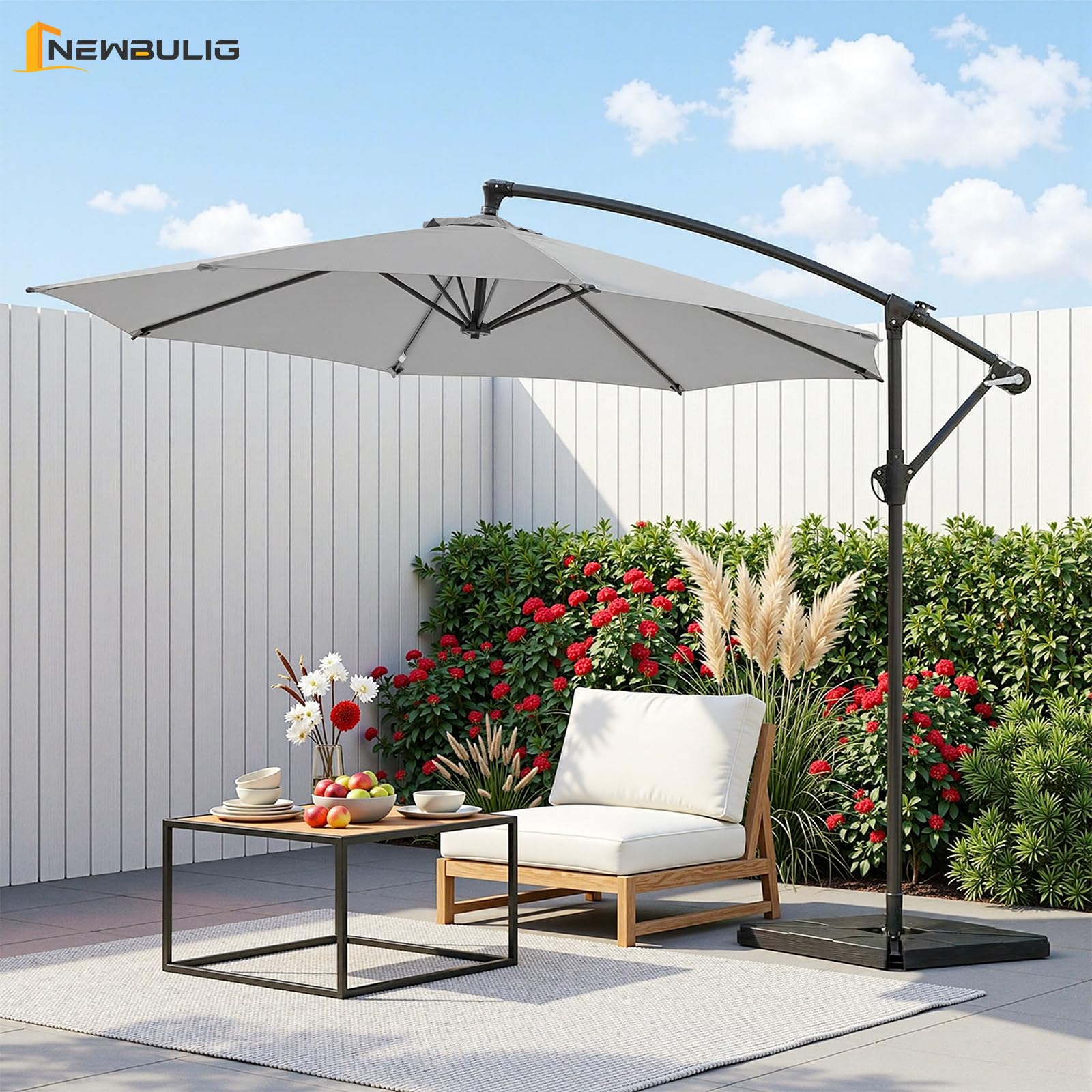 NEWBULIG offset cantilever umbrella crank for easy sun tracking and tilt.