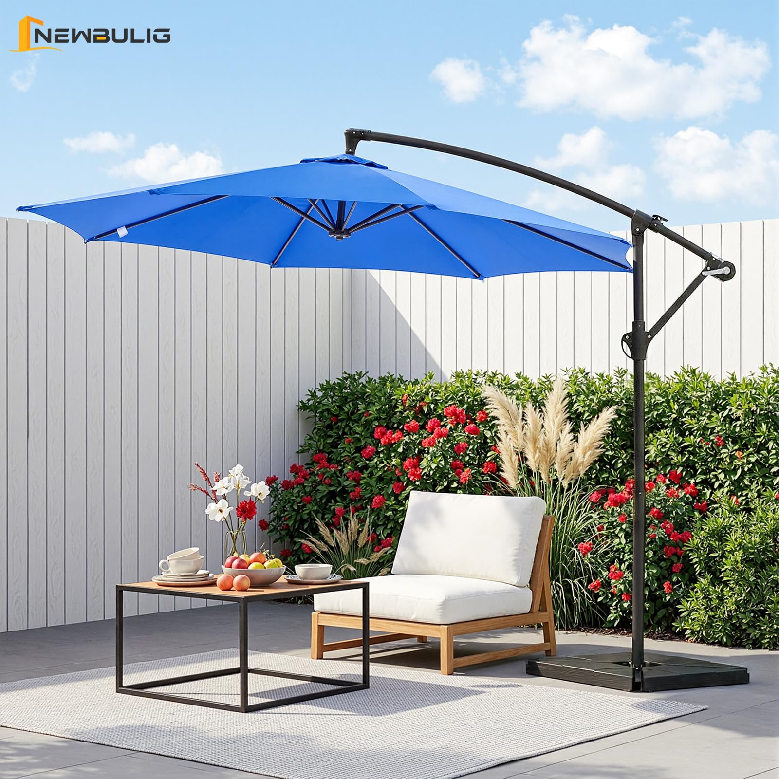 Newbulig offset umbrella demonstrates crank angle adjustment for custom sun blocking.