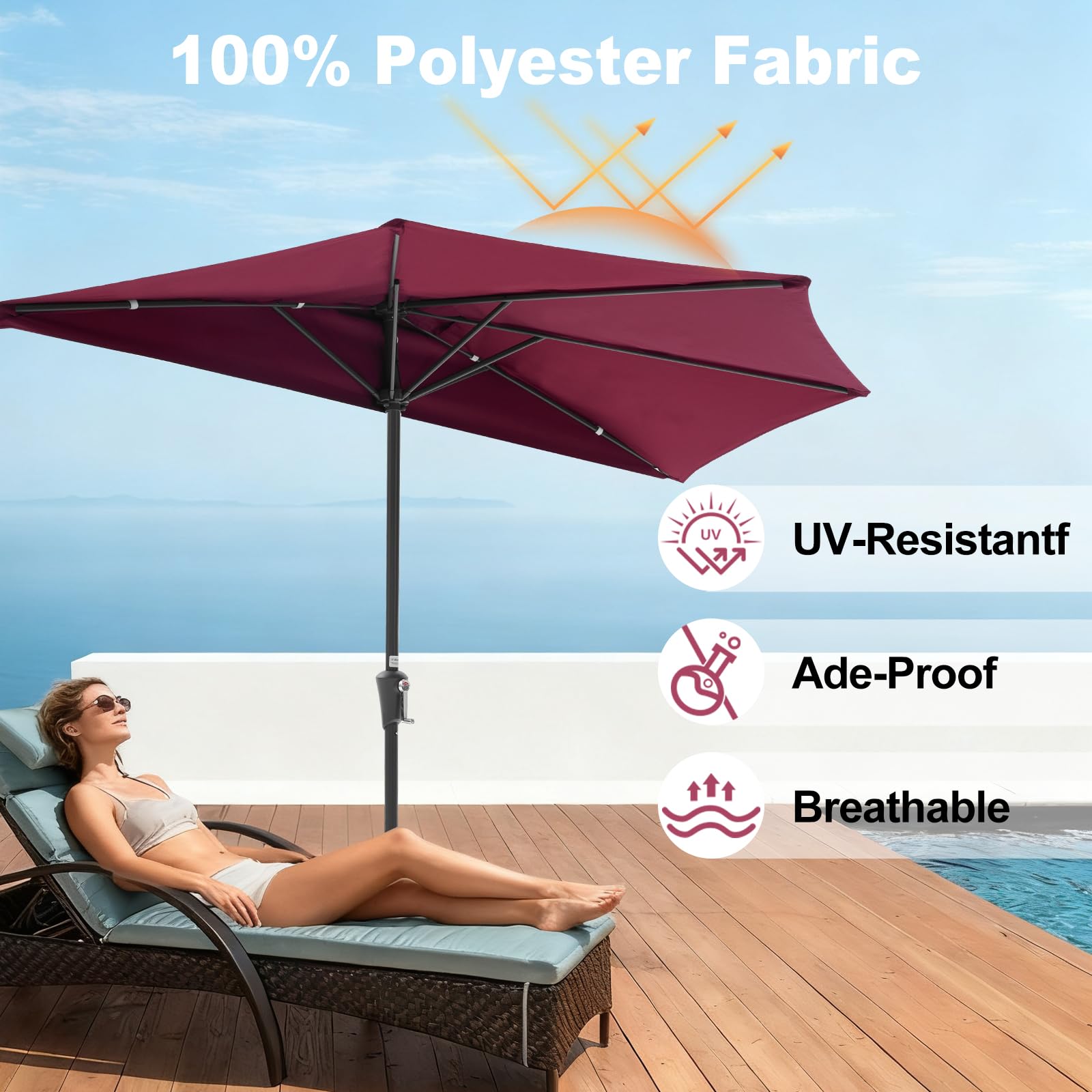 Close-up of NEWBULIG UV-resistant fabric on red umbrella preventing fading