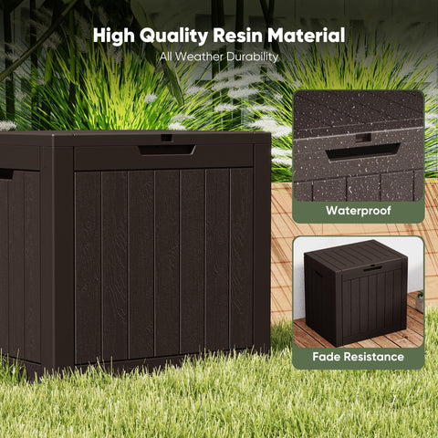 NEWBULIG weatherproof resin deck box protects belongings from rain and sun.