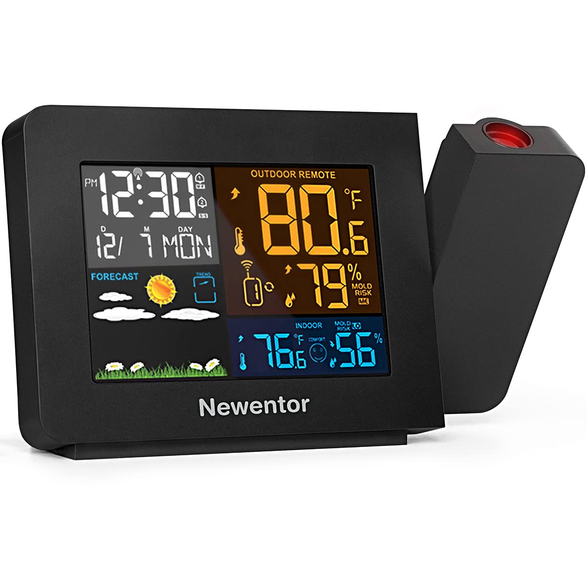 Newentor Atomic Projection Clock displays time on the bedroom wall for quick viewing.