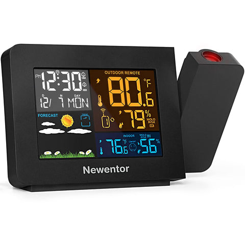 Newentor Atomic Projection Clock displays time on the bedroom wall for quick viewing.