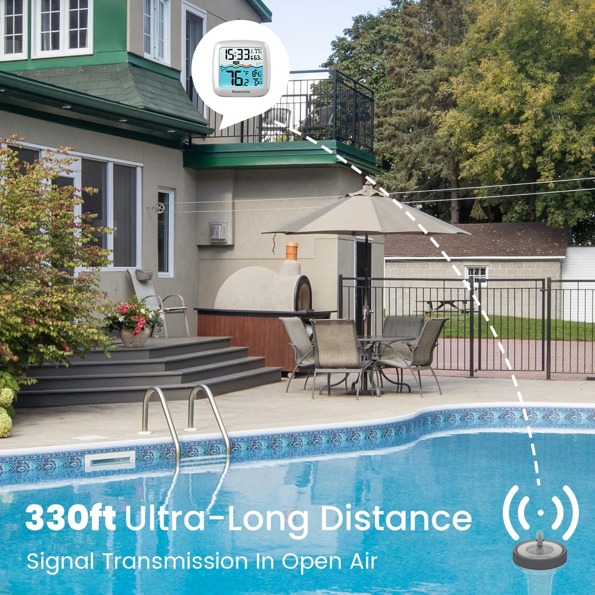 Newentor indoor-outdoor temperature humidity display includes clock for versatile monitoring.