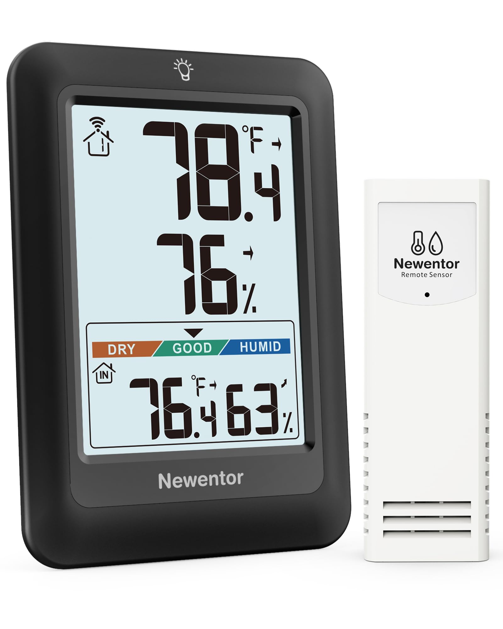 Newentor indoor outdoor thermometer wall display shows indoor temperature and humidity.