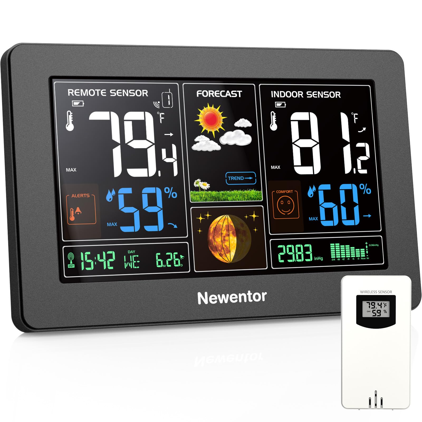 Newentor Weather Station with 7.5-inch LCD display shows indoor and outdoor data at a glance