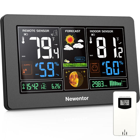 Newentor Weather Station with 7.5-inch LCD display shows indoor and outdoor data at a glance