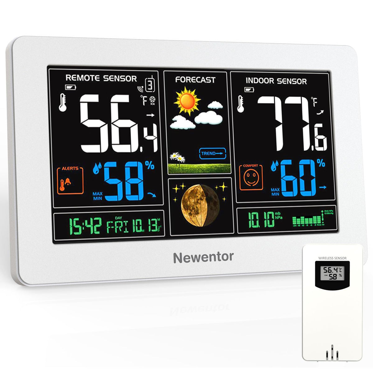 Newentor weather station with 7.5-inch LCD display showing indoor and outdoor temperatures.