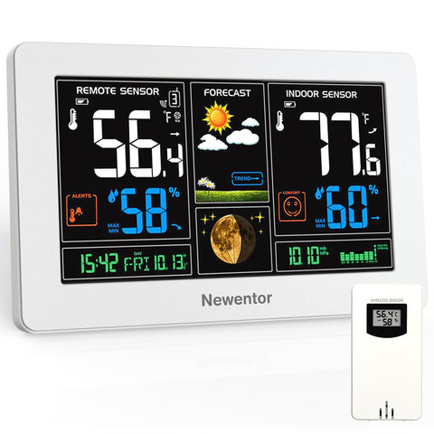 Newentor weather station with 7.5-inch LCD display showing indoor and outdoor temperatures.