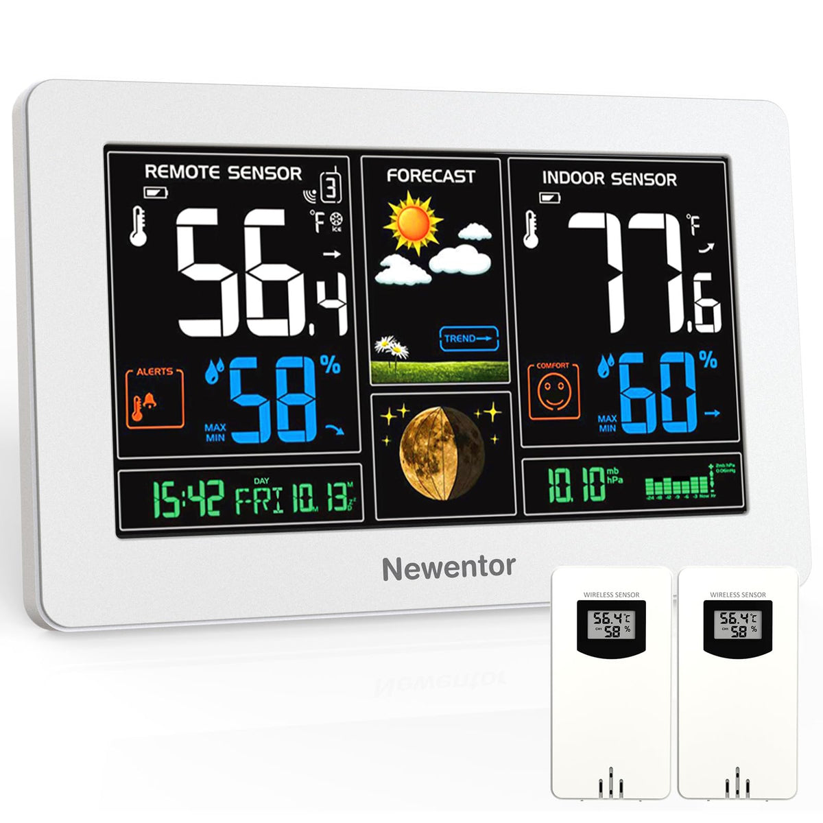 Newentor weather station with 7-5inch LCD display showing clear climate information.