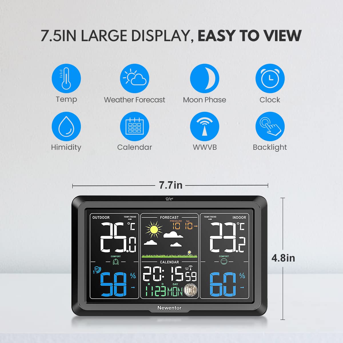 Newentor Weather Station atomic clock function ensures accurate time and date.
