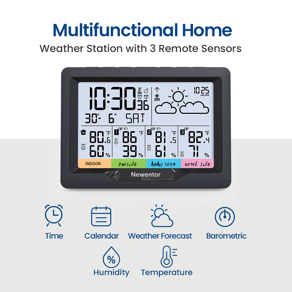 Newentor Weather Station Atomic Clock syncs automatically with WWVB for precise timekeeping.