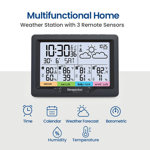 Newentor Weather Station Atomic Clock syncs automatically with WWVB for precise timekeeping.