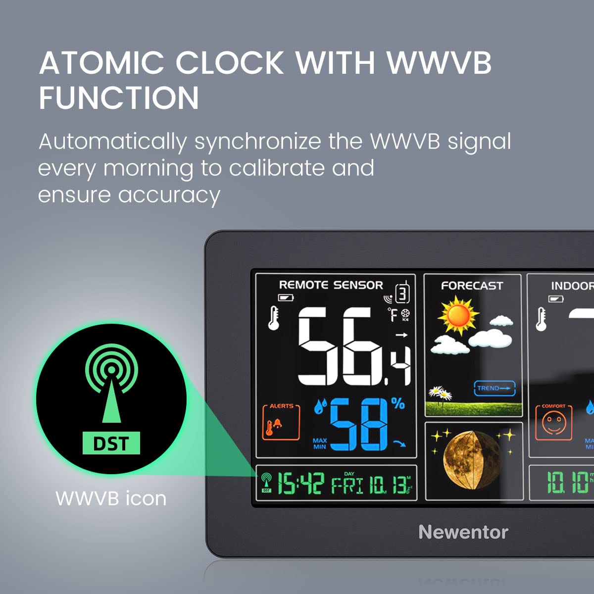 Newentor Weather Station atomic clock keeps precise time with dual alarms