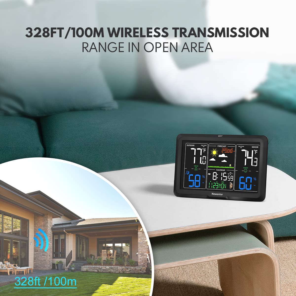 Newentor Weather Station back panel shows ports and clean setup options.