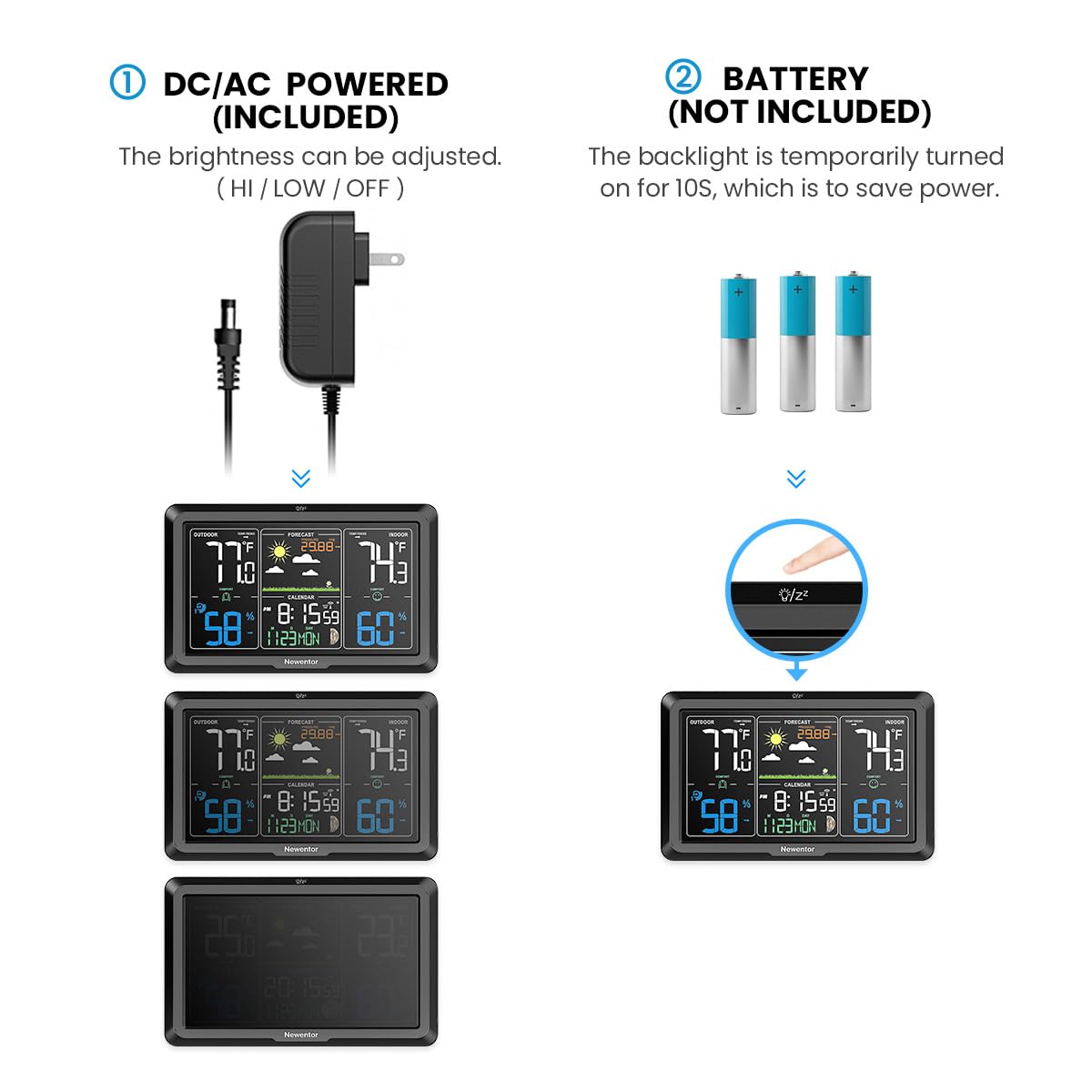 Newentor Weather Station backlight control shows adjustable brightness for night use.