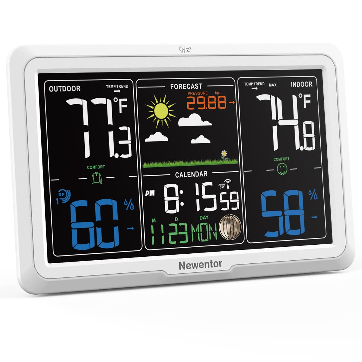 Newentor weather station base unit with 7.5-inch display shows indoor and outdoor data clearly.