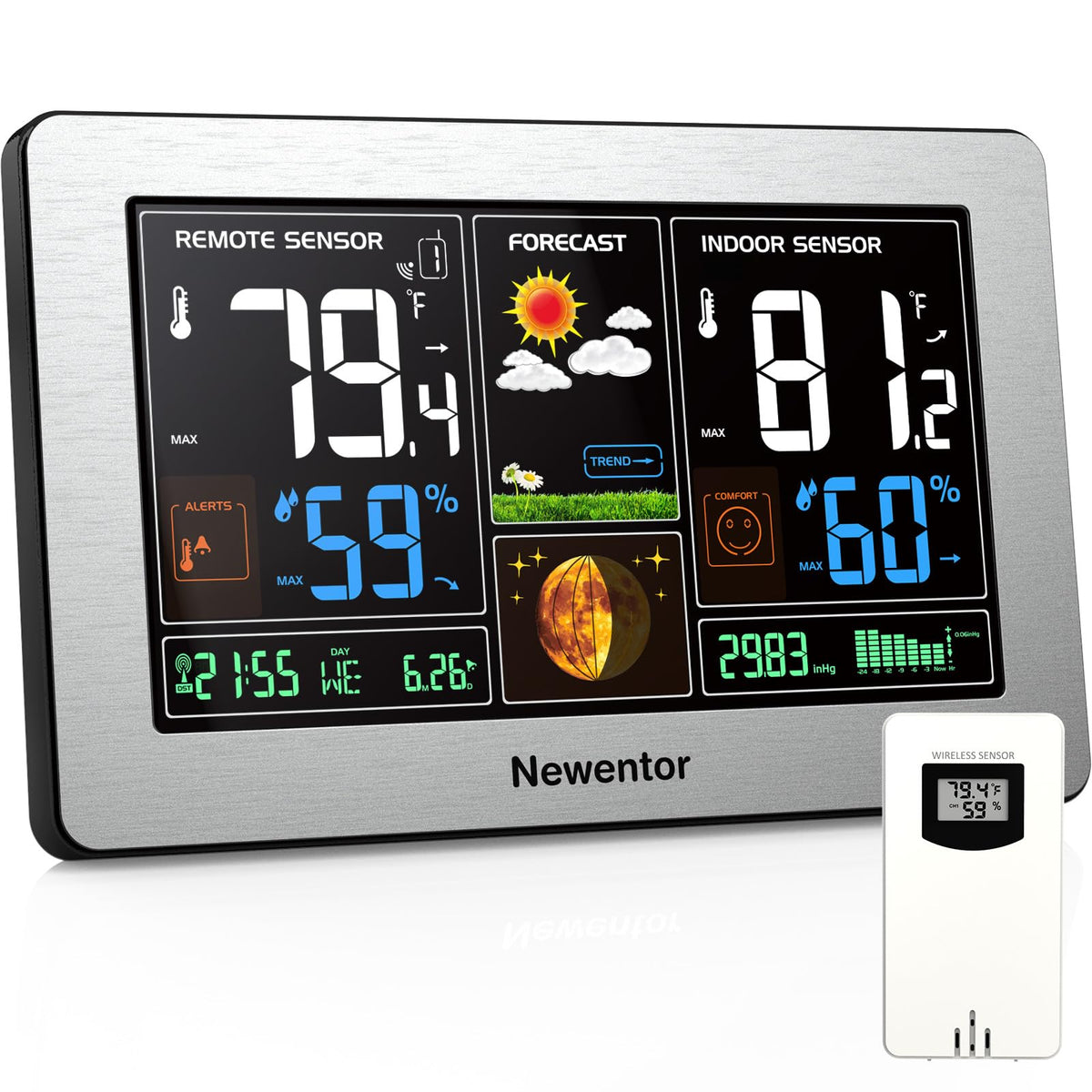 Newentor Weather Station color display showing indoor and outdoor temperature at a glance.