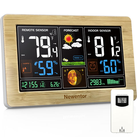 Newentor Weather Station with color display shows indoor and outdoor readings clearly.