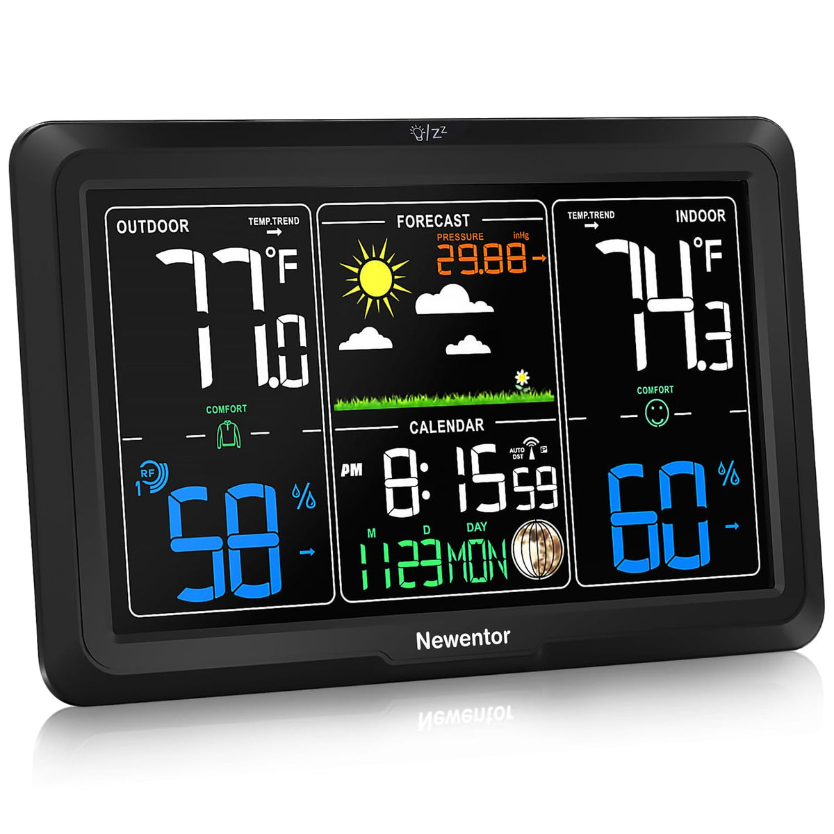 Newentor Weather Station front view with clear 7.5-inch display for daily readings.