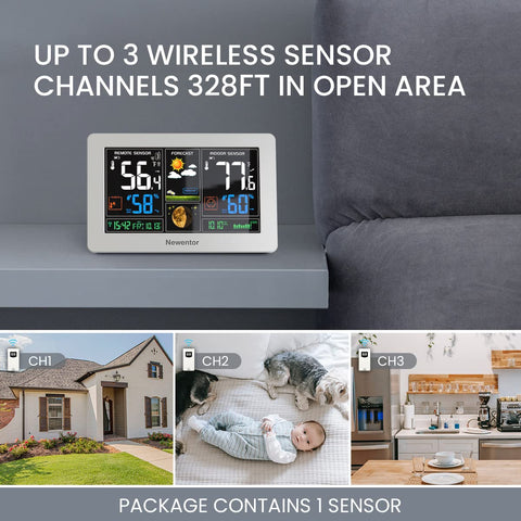 Newentor wireless 3-channel sensor included for monitoring multiple locations.