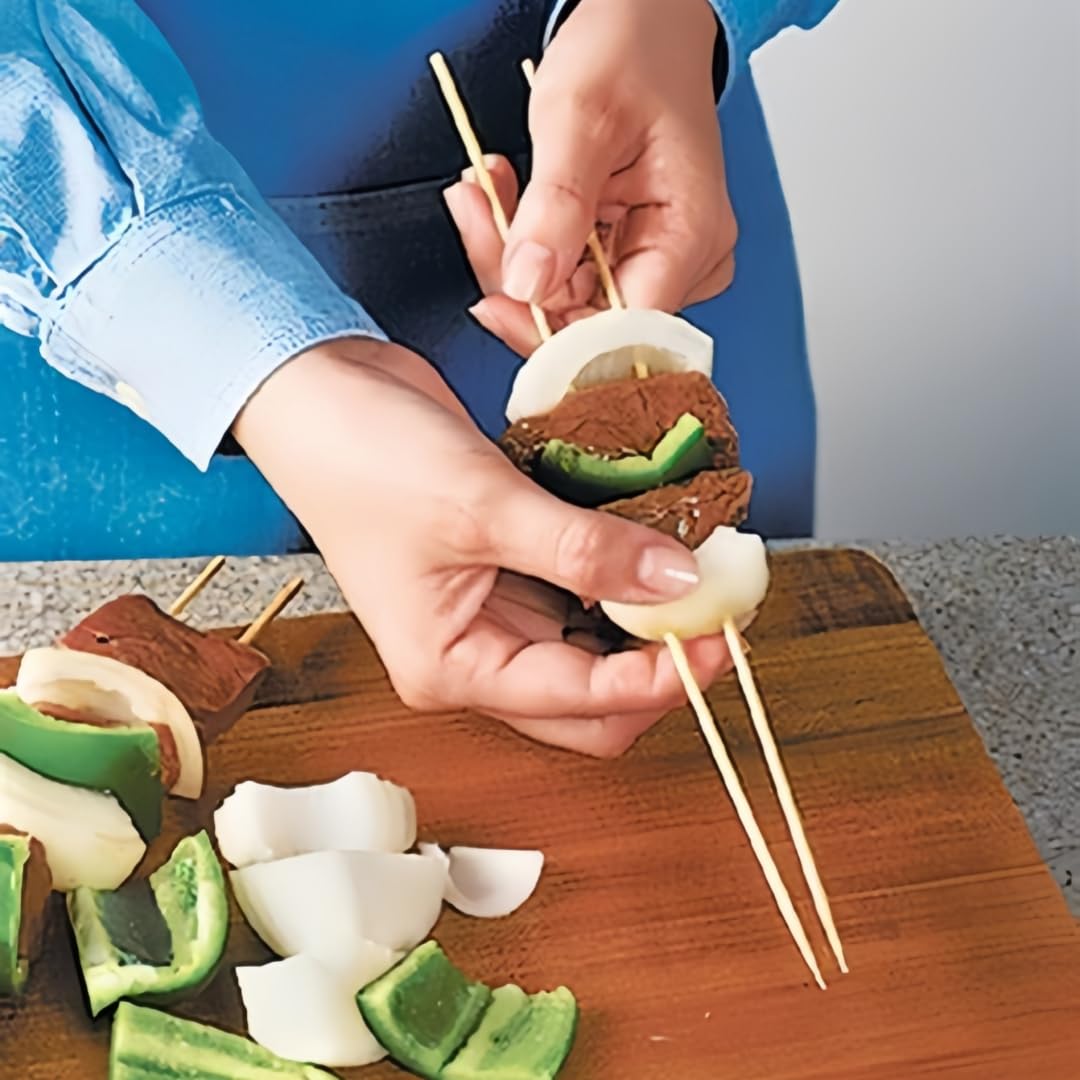 Newflager skewers for parties and events keep foods neat while grilling.