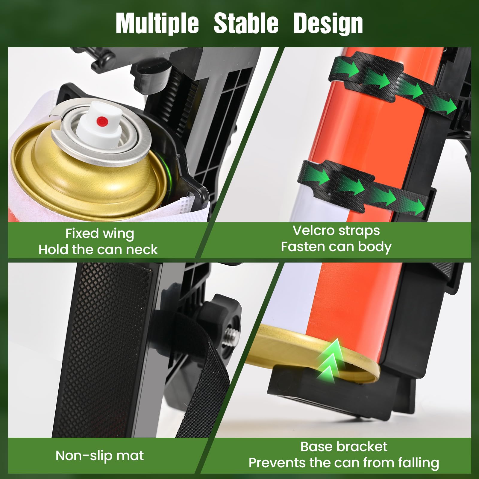 NEWFLY fixed-wing clip system stabilizes cans for precise spraying.
