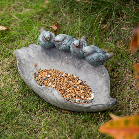 Newman House Studio leaf feeder bowl with distressed finish in garden design