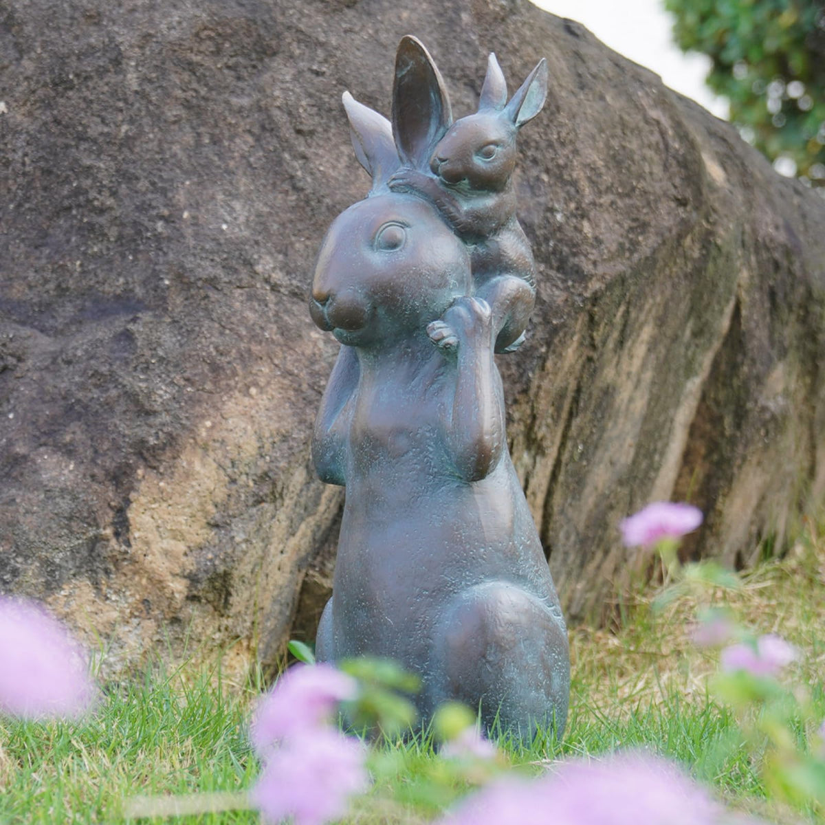 Newman House Studio rabbit garden statue with father and baby for durable outdoor yard display.