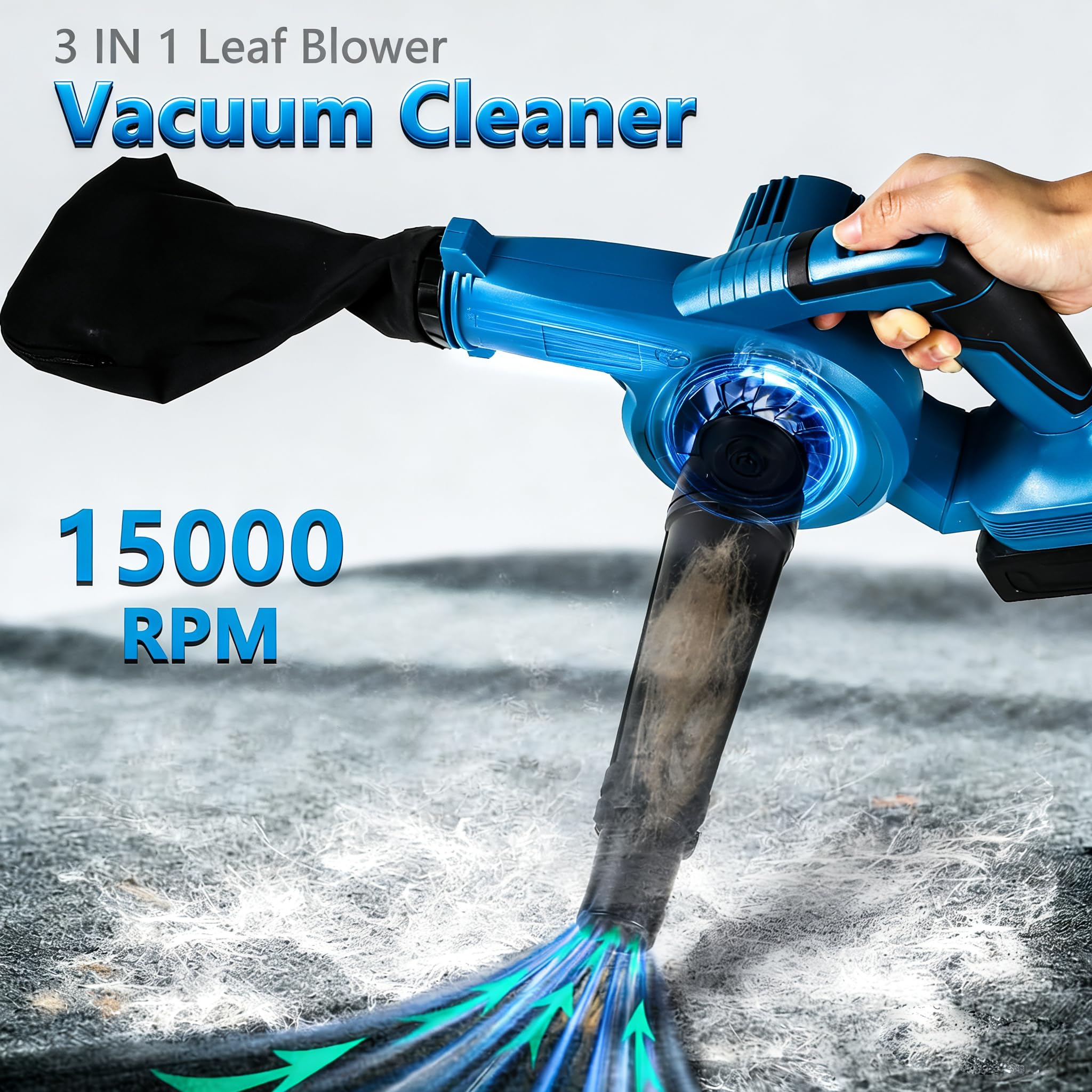 Cordless blower reaching tight corners for fast garage and patio cleaning