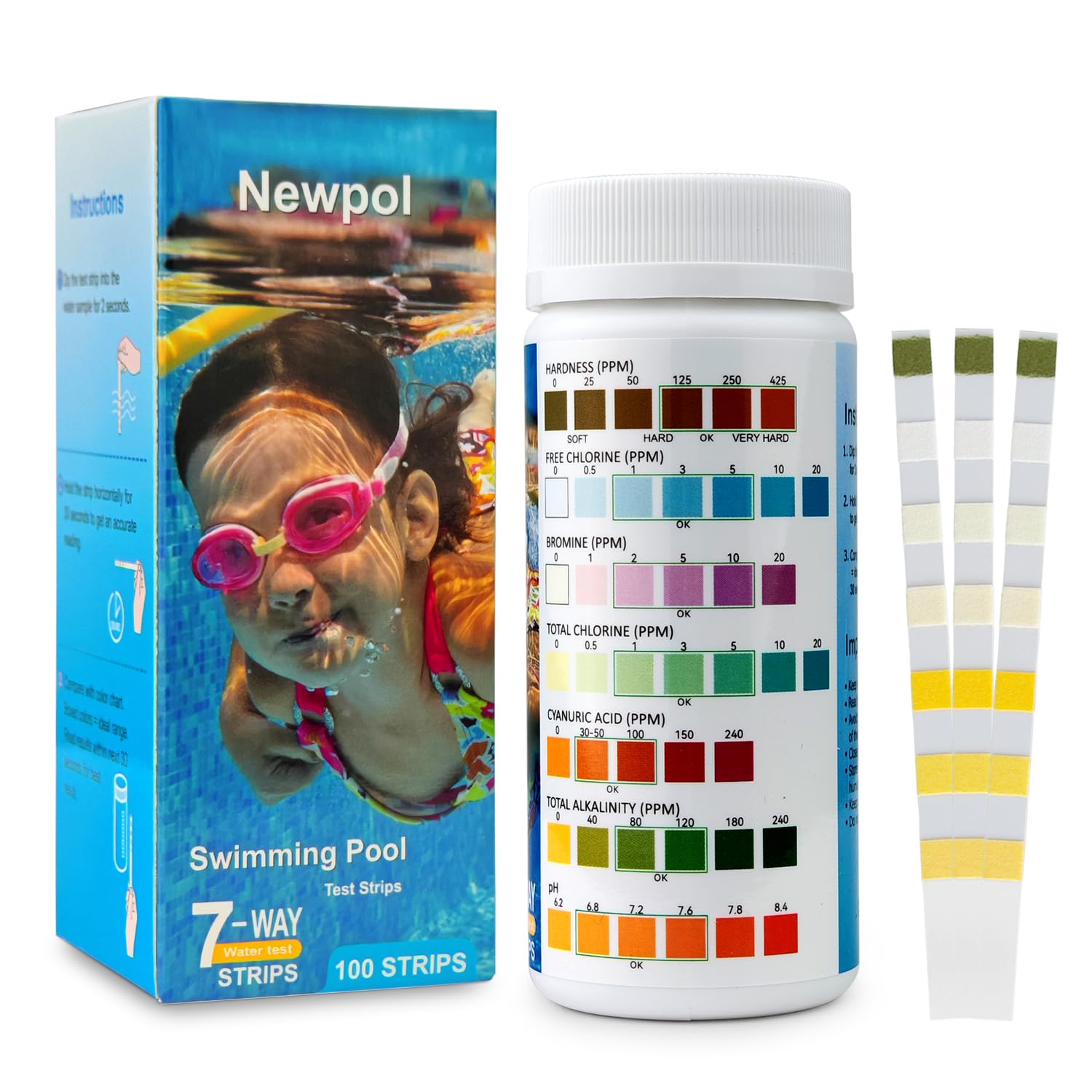 Newpol 7-in-1 test strip box enables quick pool water checks.