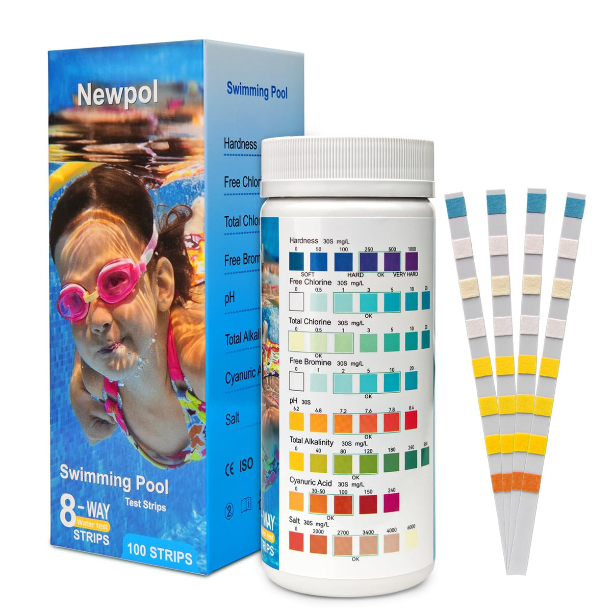Newpol 8-in-1 pool test strips in a box for quick water checks.