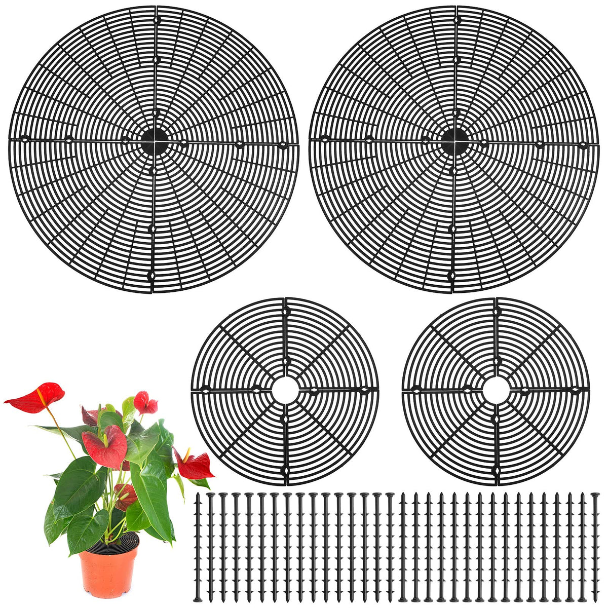 Newtay large pot grid cover on a patio planter showing protective mesh and stakes