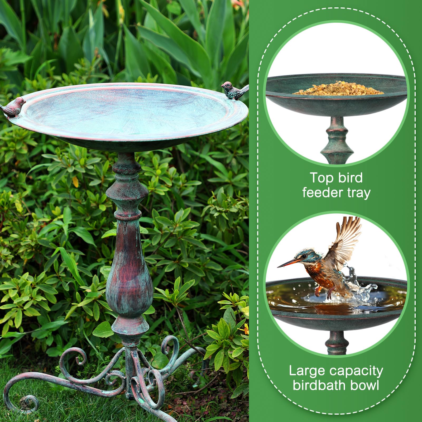 Newtay outdoor birdbath 27.25-inch tall in green enhances curb appeal.