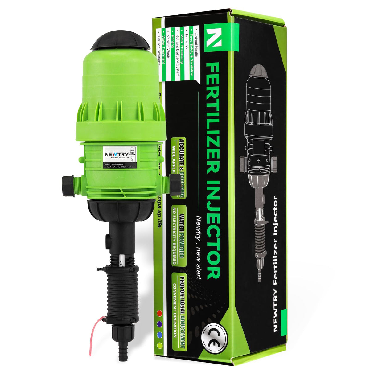 NEWTRY fertilizer injector product shot shows compact design for drip irrigation dosing.